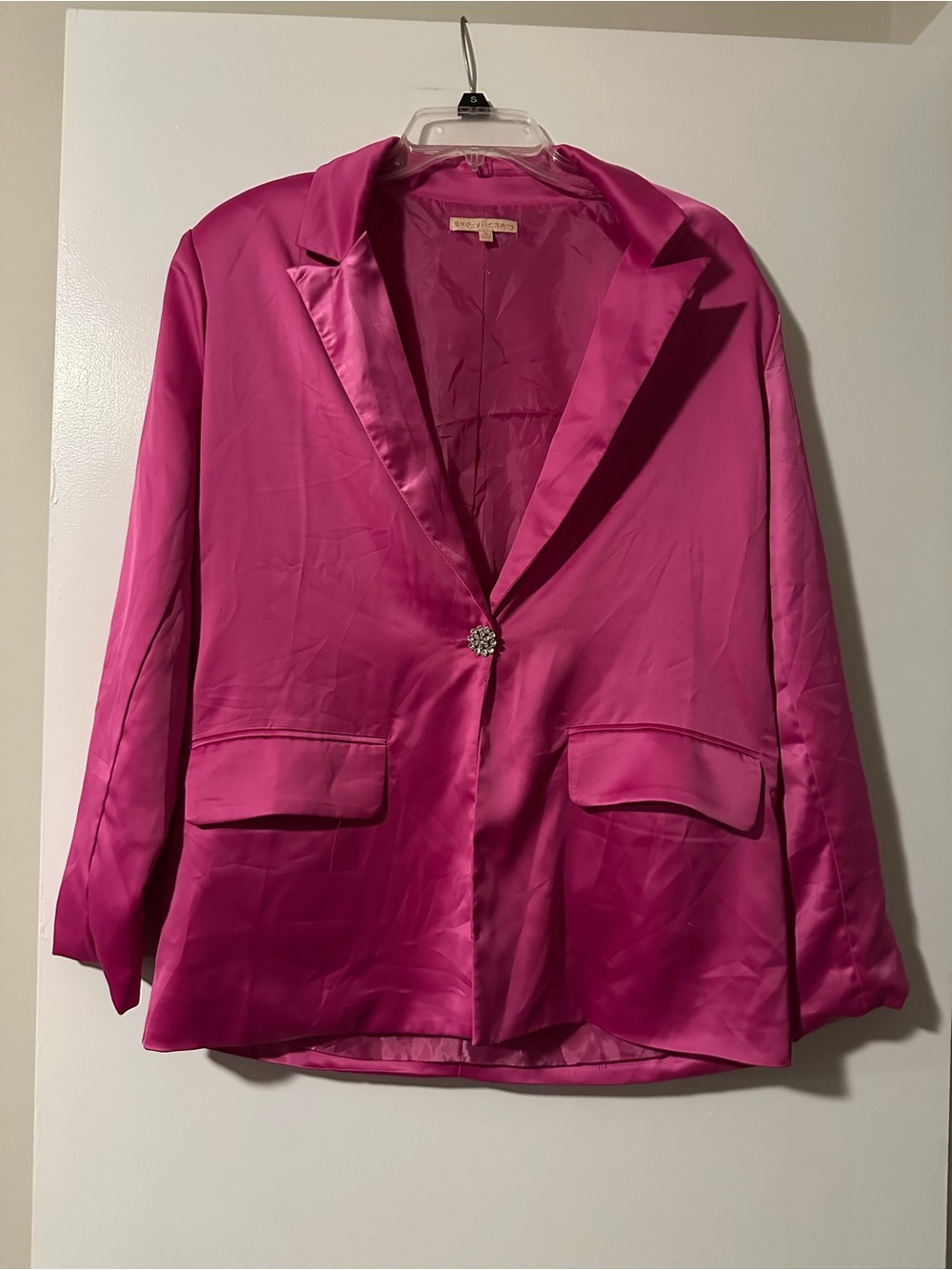 Women's Hot Pink Satin Blazer with Decorative Button
